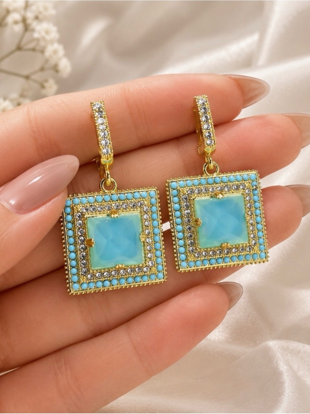 Gold Turquoise Drop Earrings - Picture 4 of 5